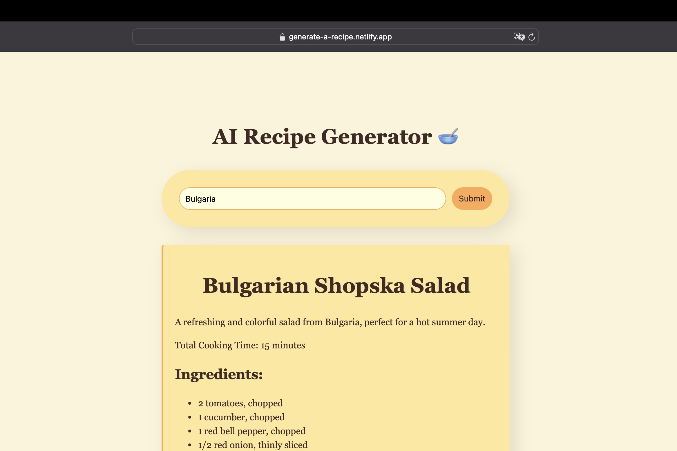 Screenshot of the AI recipe Generator project